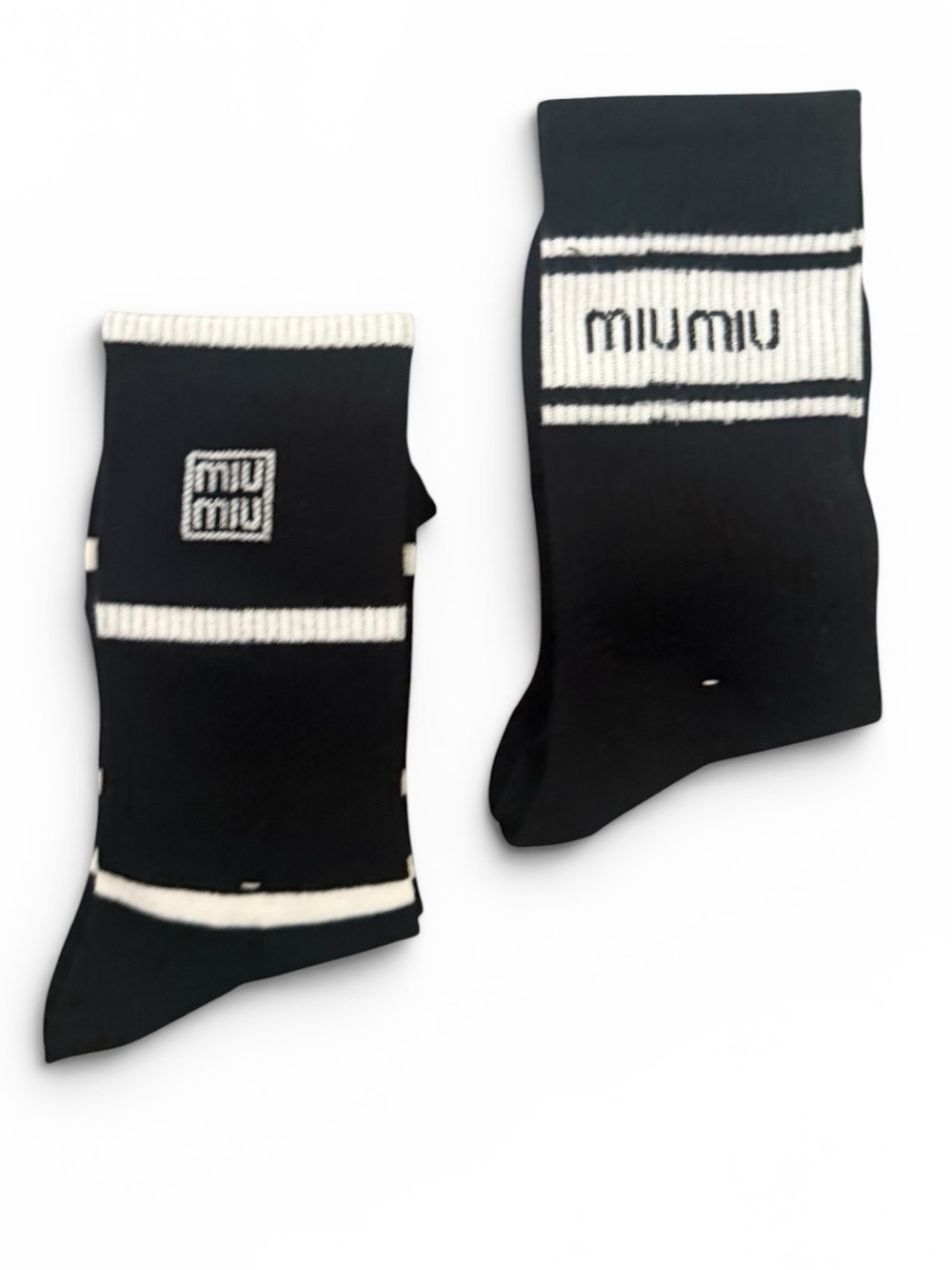 2 Pair Miu Miu Black and White Logo Crew Socks